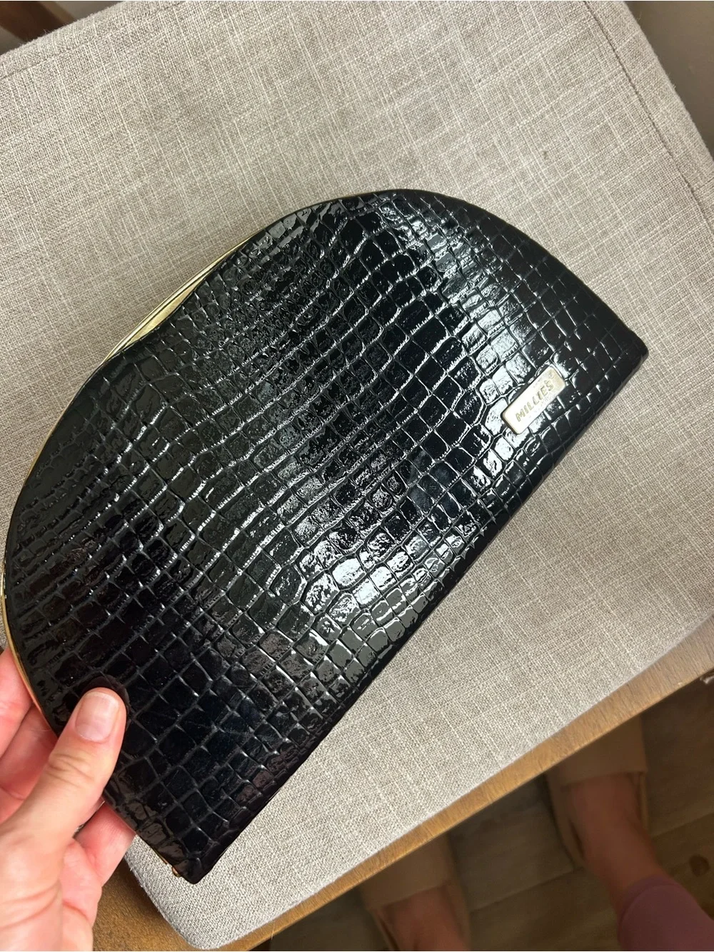 Milles Black Croc-Embossed Patent Clutch